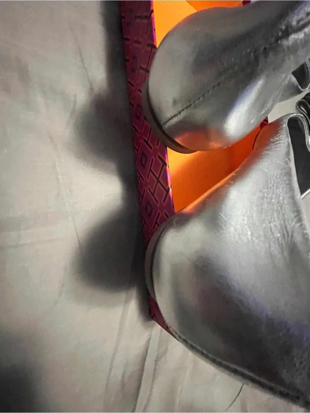 Tory Burch Metallic Silver Pointed Toe Bow Flats with Crystal Bow